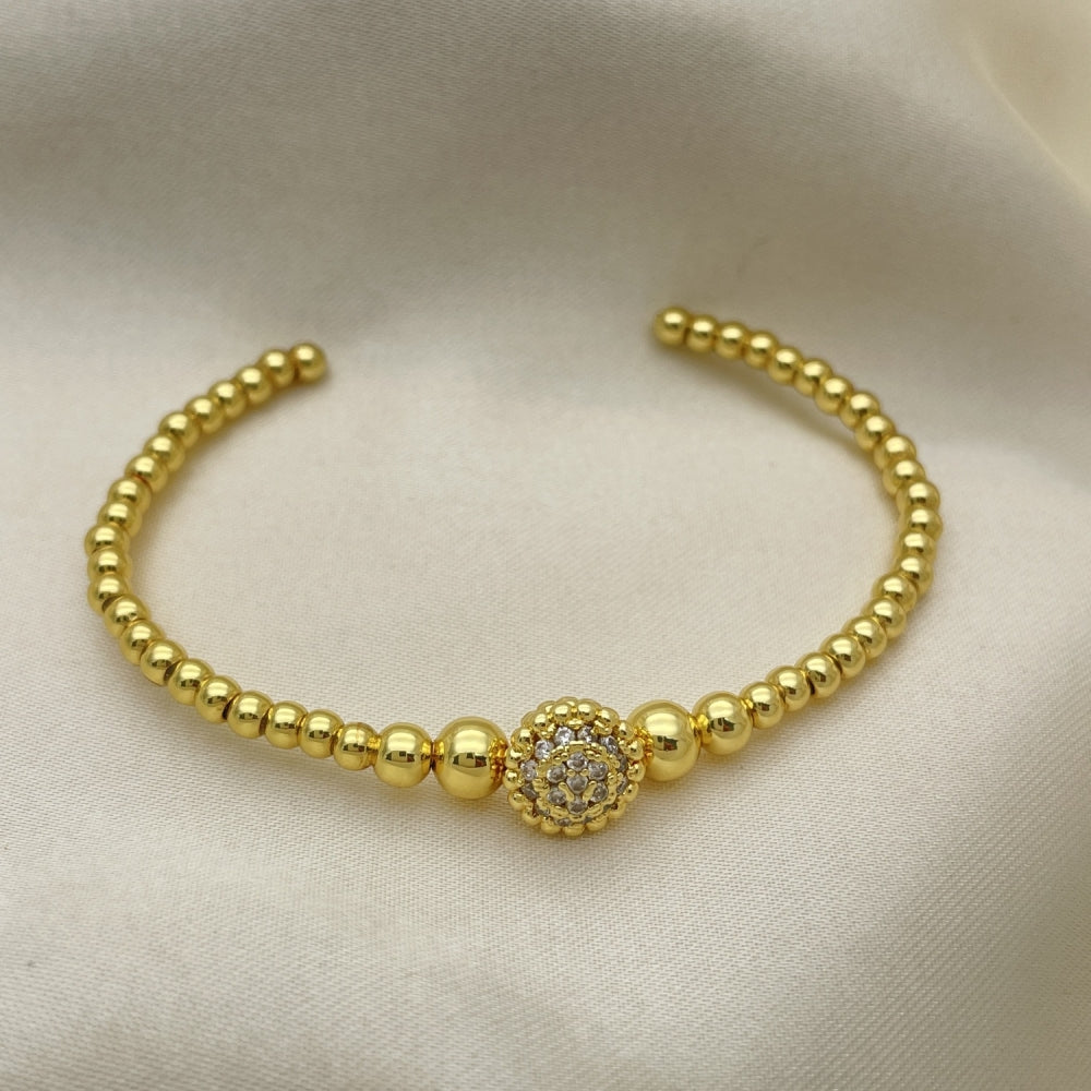 Oro Laminado Individual Bangle, Gold Filled Style Ball and Flower Design, with White Micro Pave, Polished, Golden Finish