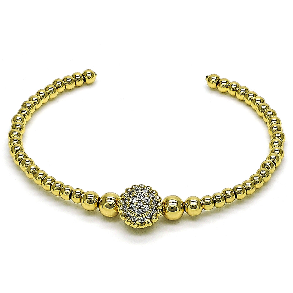 Oro Laminado Individual Bangle, Gold Filled Style Ball and Flower Design, with White Micro Pave, Polished, Golden Finish