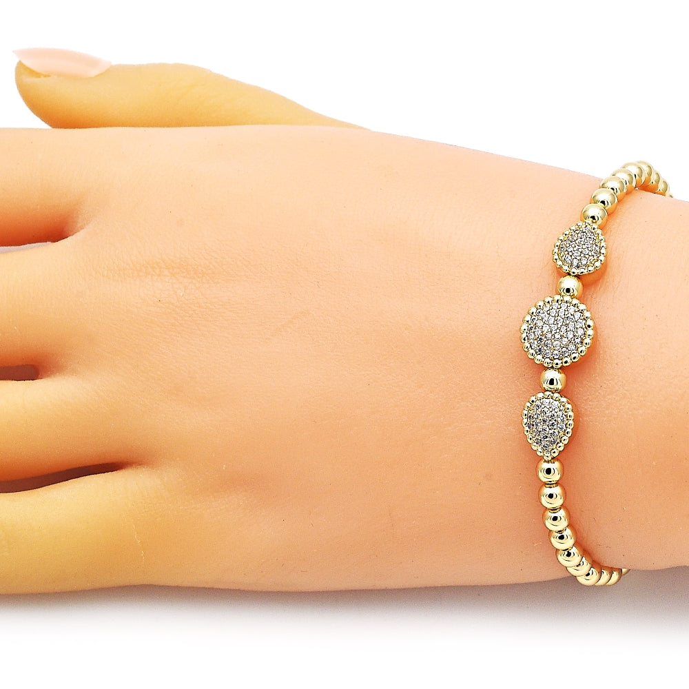 Oro Laminado Individual Bangle, Gold Filled Style Ball and Teardrop Design, with White Micro Pave, Polished, Golden Finish