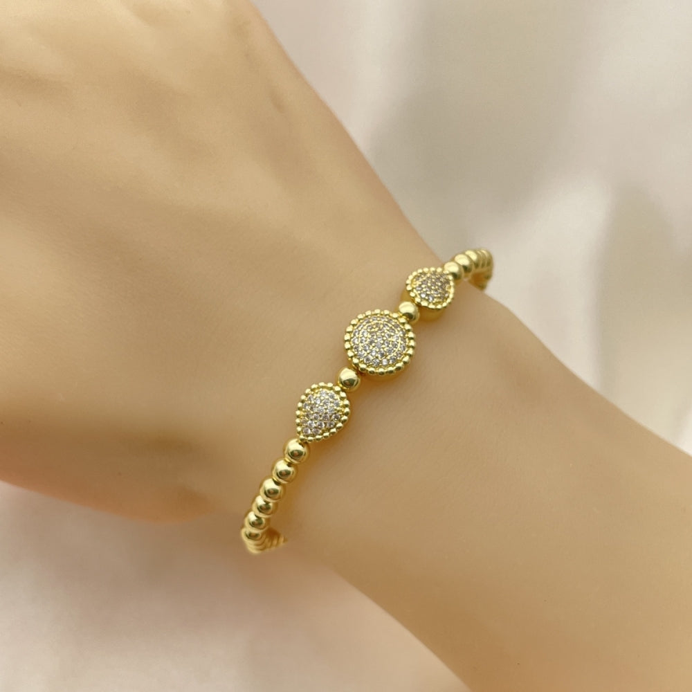 Oro Laminado Individual Bangle, Gold Filled Style Ball and Teardrop Design, with White Micro Pave, Polished, Golden Finish