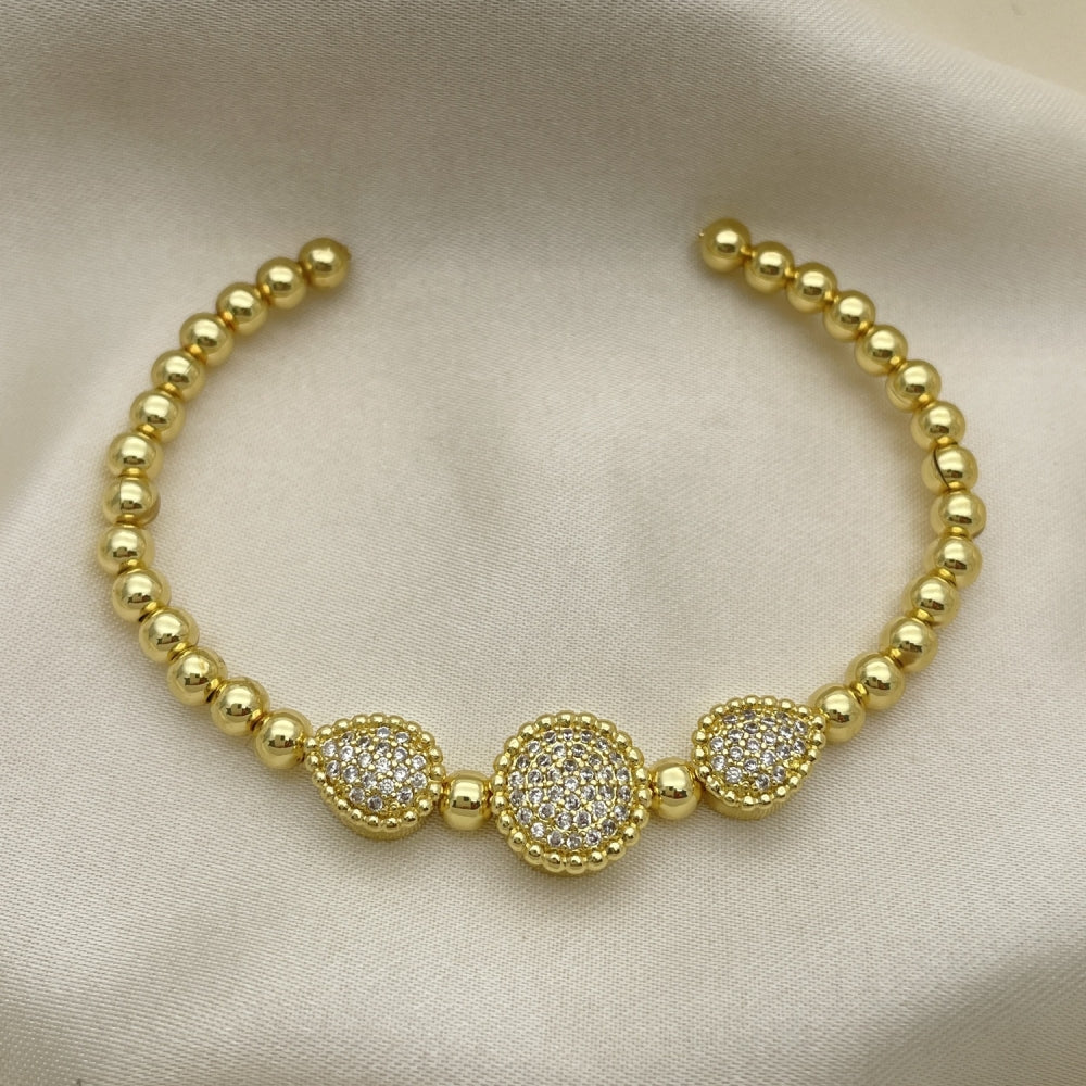 Oro Laminado Individual Bangle, Gold Filled Style Ball and Teardrop Design, with White Micro Pave, Polished, Golden Finish