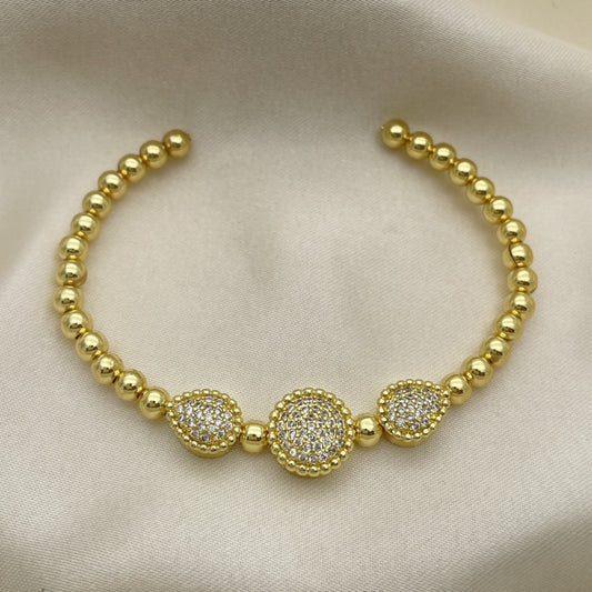 Oro Laminado Individual Bangle, Gold Filled Style Ball and Teardrop Design, with White Micro Pave, Polished, Golden Finish