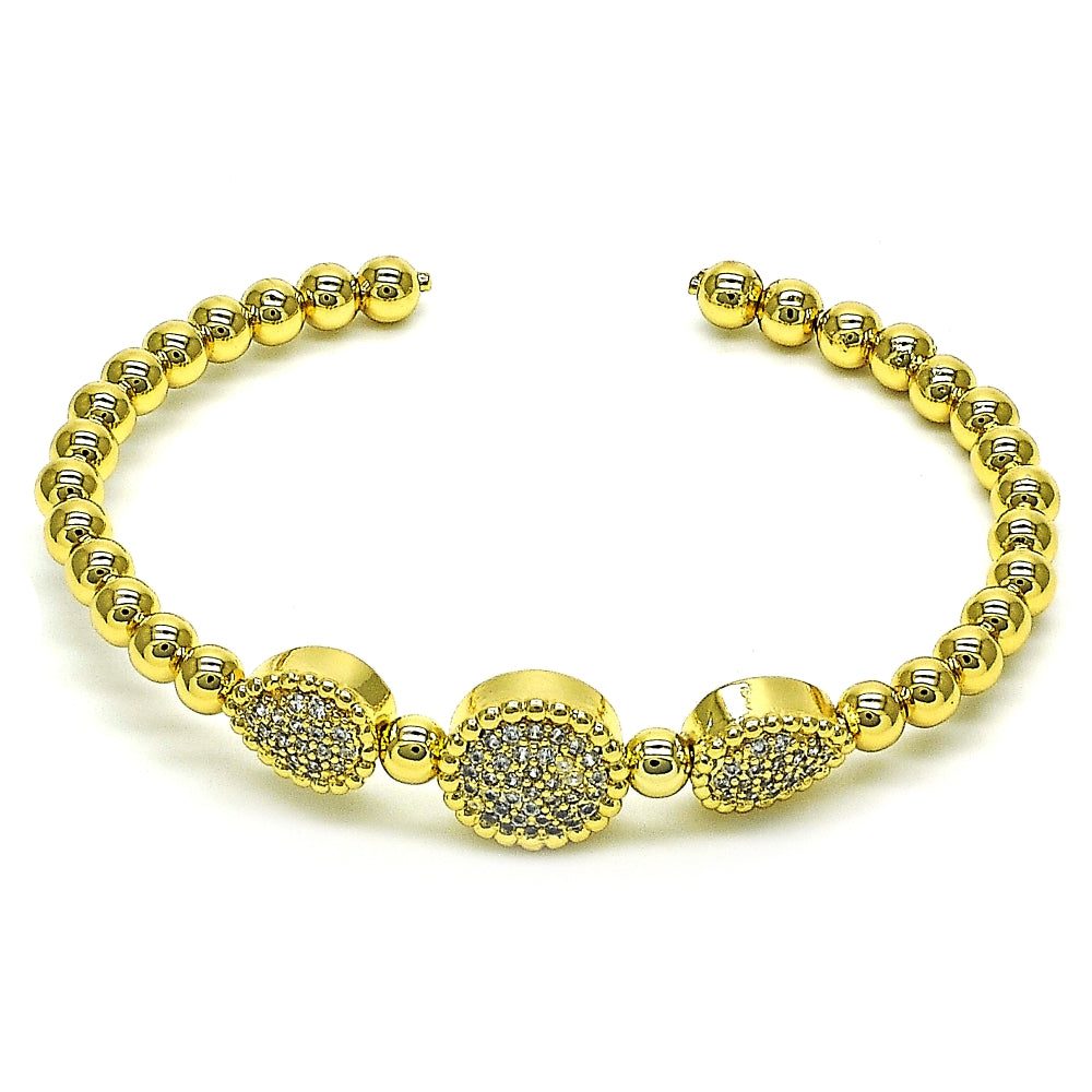 Oro Laminado Individual Bangle, Gold Filled Style Ball and Teardrop Design, with White Micro Pave, Polished, Golden Finish
