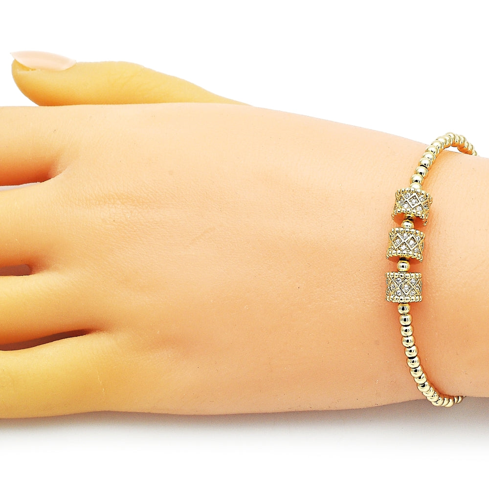 Oro Laminado Individual Bangle, Gold Filled Style Ball Design, with White Micro Pave, Polished, Golden Finish