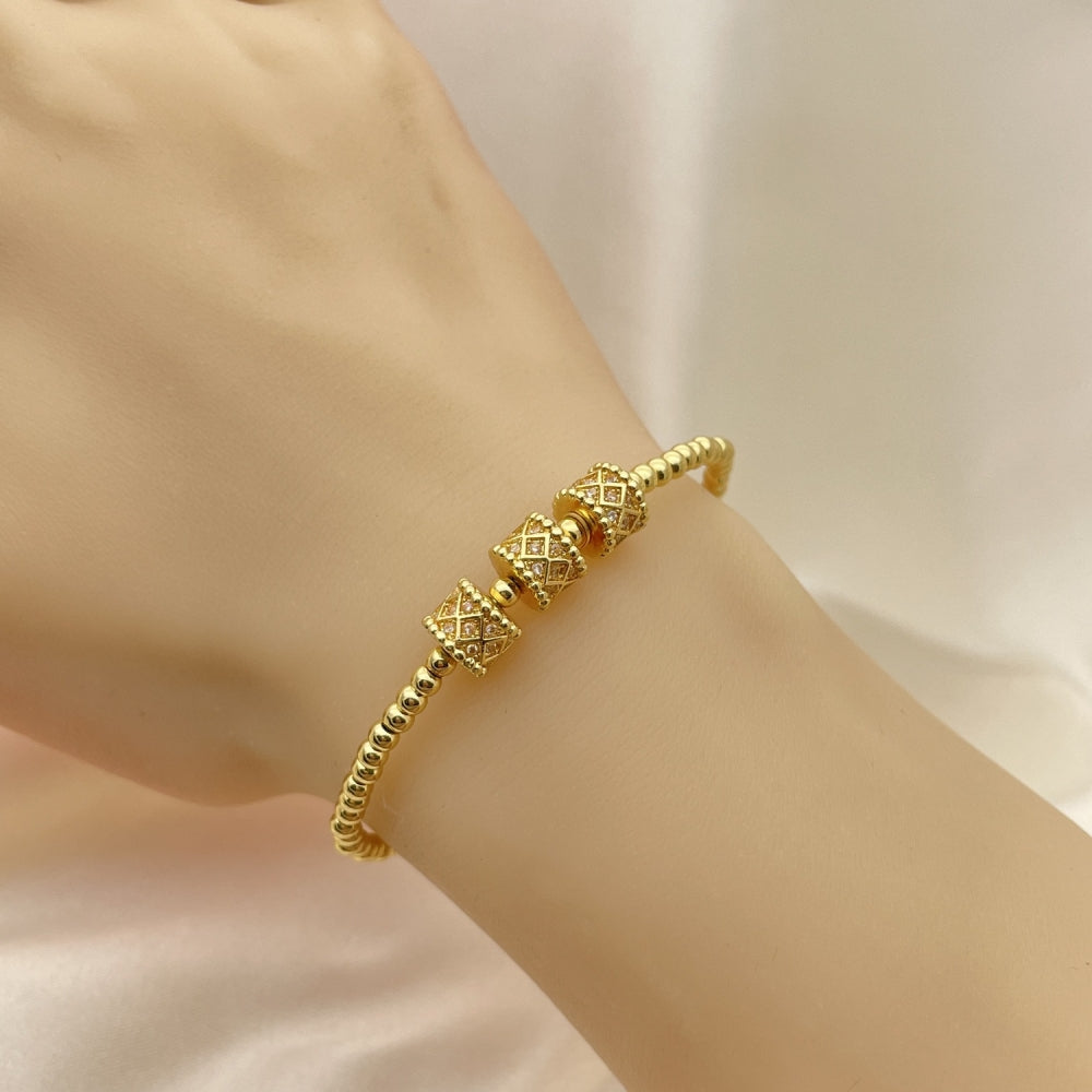 Oro Laminado Individual Bangle, Gold Filled Style Ball Design, with White Micro Pave, Polished, Golden Finish
