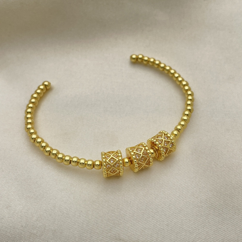 Oro Laminado Individual Bangle, Gold Filled Style Ball Design, with White Micro Pave, Polished, Golden Finish