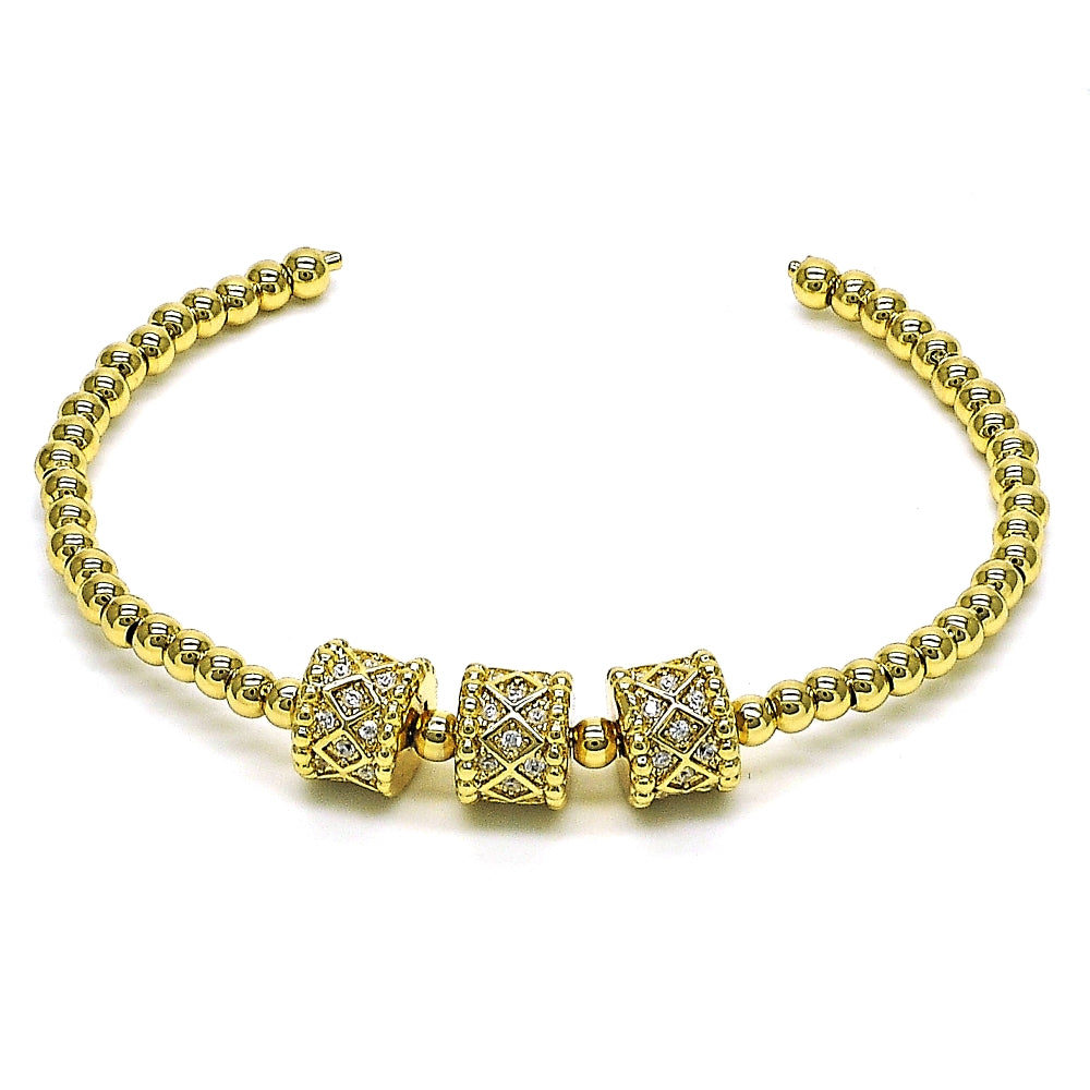 Oro Laminado Individual Bangle, Gold Filled Style Ball Design, with White Micro Pave, Polished, Golden Finish
