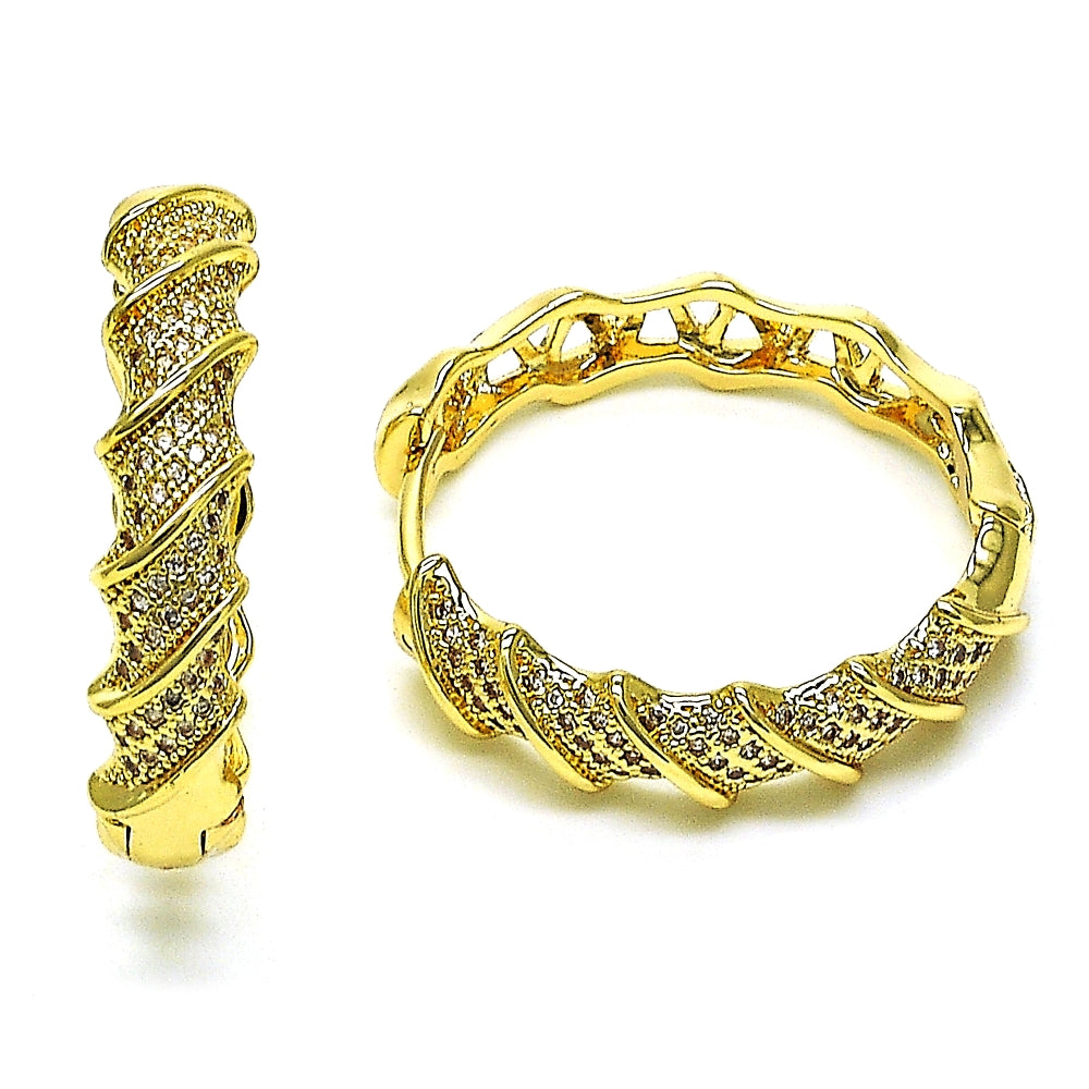 Oro Laminado Huggie Hoop, Gold Filled Style Twist Design, with White Micro Pave, Polished, Golden Finish