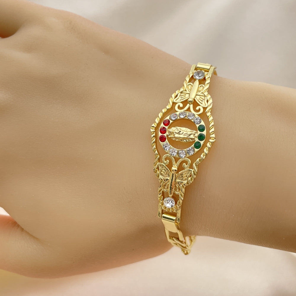 Oro Laminado Fancy Bracelet, Gold Filled Style San Judas and Figaro Design, with Garnet and White Crystal, Polished, Golden Finish