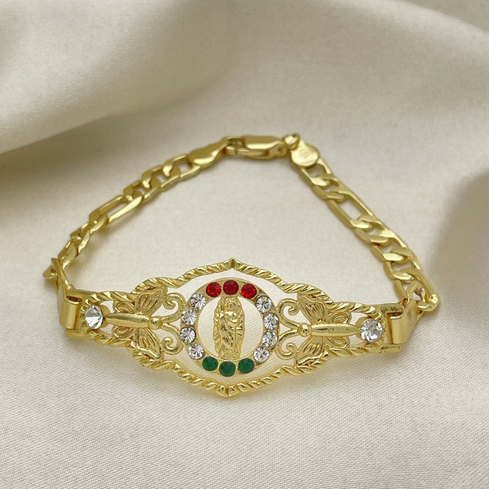 Oro Laminado Fancy Bracelet, Gold Filled Style San Judas and Figaro Design, with Garnet and White Crystal, Polished, Golden Finish