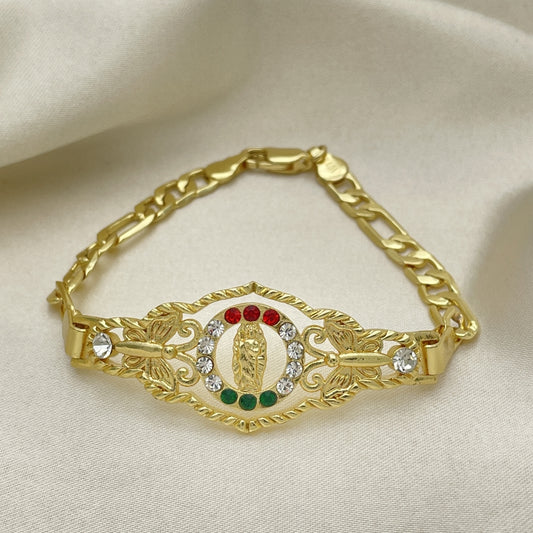 Oro Laminado Fancy Bracelet, Gold Filled Style San Judas and Figaro Design, with Garnet and White Crystal, Polished, Golden Finish