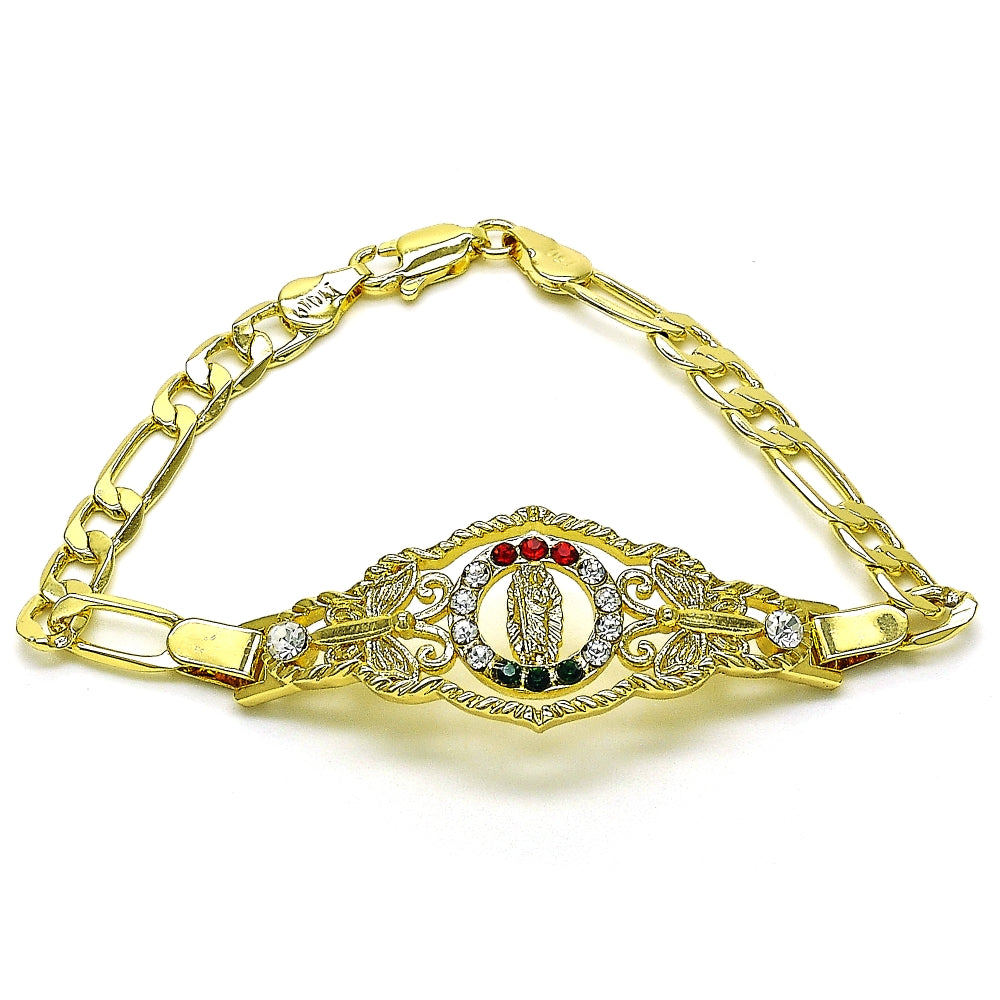 Oro Laminado Fancy Bracelet, Gold Filled Style San Judas and Figaro Design, with Garnet and White Crystal, Polished, Golden Finish