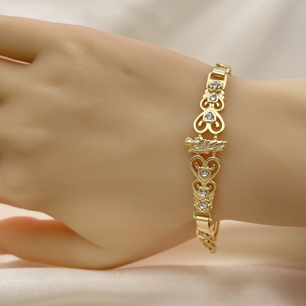 Oro Laminado Fancy Bracelet, Gold Filled Style San Judas and Figaro Design, with White Crystal, Polished, Golden Finish