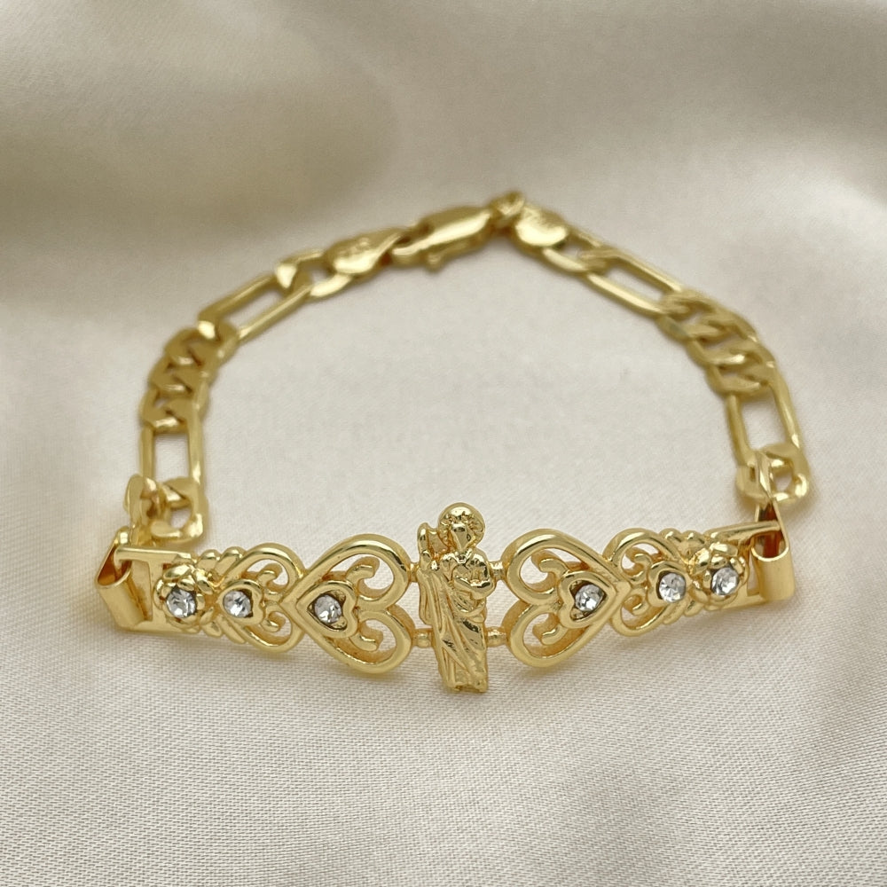 Oro Laminado Fancy Bracelet, Gold Filled Style San Judas and Figaro Design, with White Crystal, Polished, Golden Finish