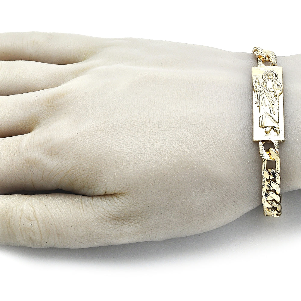 Oro Laminado Fancy Bracelet, Gold Filled Style San Judas and Pave Figaro Design, Polished, Golden Finish