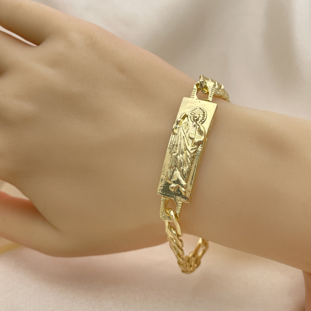 Oro Laminado Fancy Bracelet, Gold Filled Style San Judas and Pave Figaro Design, Polished, Golden Finish