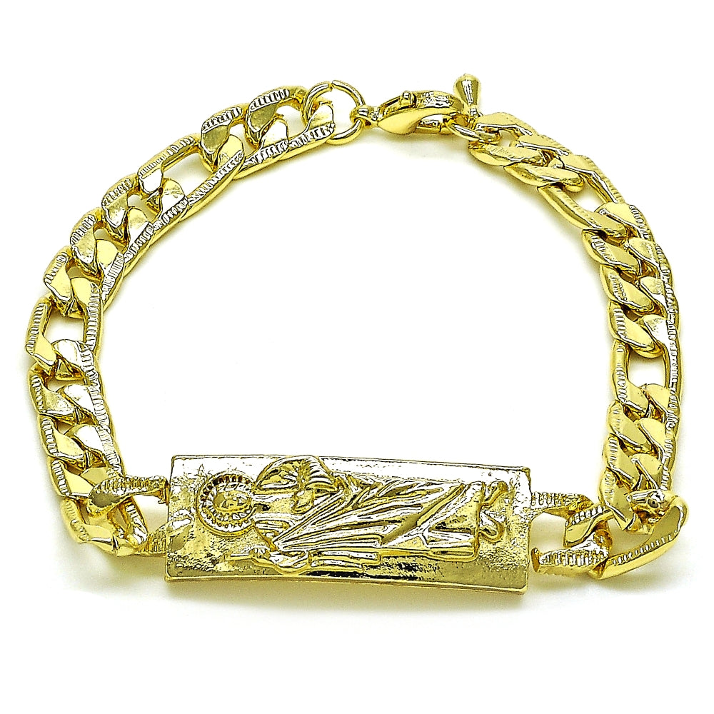 Oro Laminado Fancy Bracelet, Gold Filled Style San Judas and Pave Figaro Design, Polished, Golden Finish