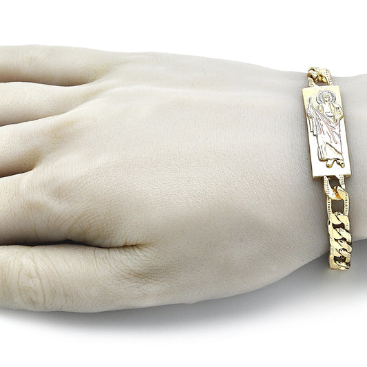 Oro Laminado Fancy Bracelet, Gold Filled Style San Judas and Pave Figaro Design, Polished, Tricolor