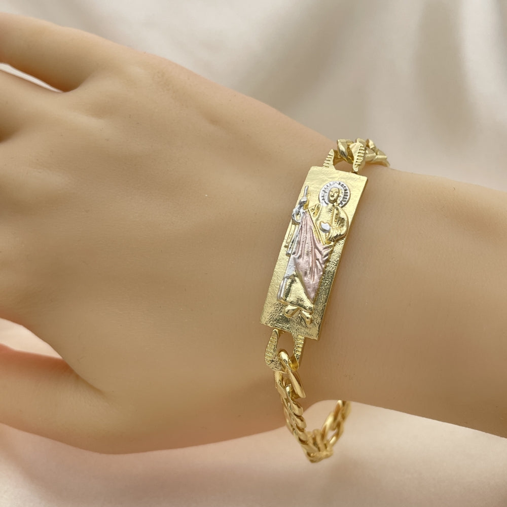Oro Laminado Fancy Bracelet, Gold Filled Style San Judas and Pave Figaro Design, Polished, Tricolor