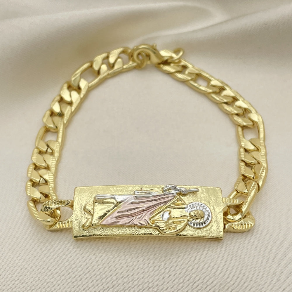 Oro Laminado Fancy Bracelet, Gold Filled Style San Judas and Pave Figaro Design, Polished, Tricolor