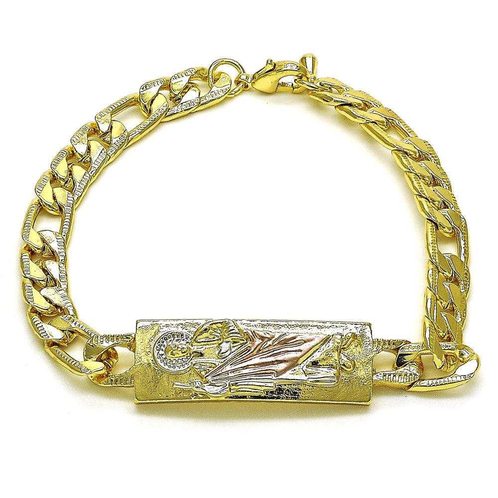 Oro Laminado Fancy Bracelet, Gold Filled Style San Judas and Pave Figaro Design, Polished, Tricolor
