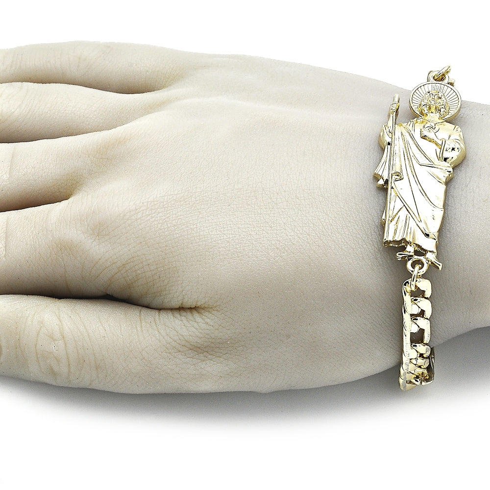 Oro Laminado Fancy Bracelet, Gold Filled Style San Judas and Pave Figaro Design, Polished, Golden Finish