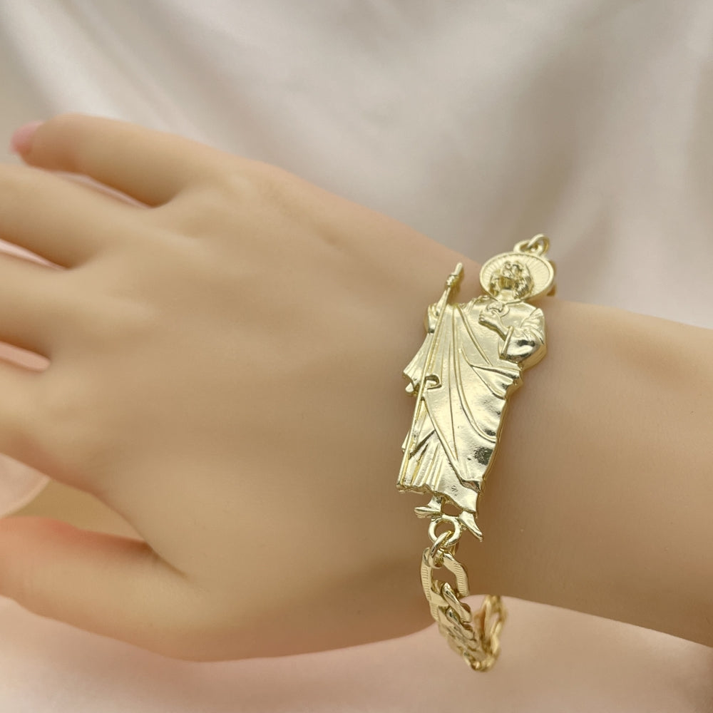 Oro Laminado Fancy Bracelet, Gold Filled Style San Judas and Pave Figaro Design, Polished, Golden Finish