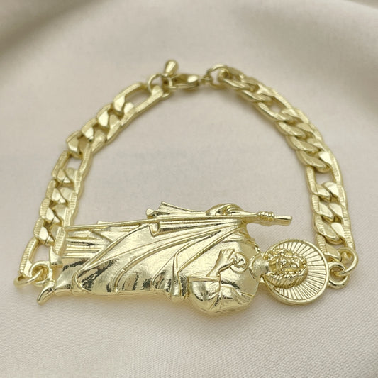 Oro Laminado Fancy Bracelet, Gold Filled Style San Judas and Pave Figaro Design, Polished, Golden Finish
