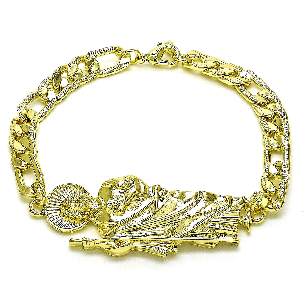 Oro Laminado Fancy Bracelet, Gold Filled Style San Judas and Pave Figaro Design, Polished, Golden Finish