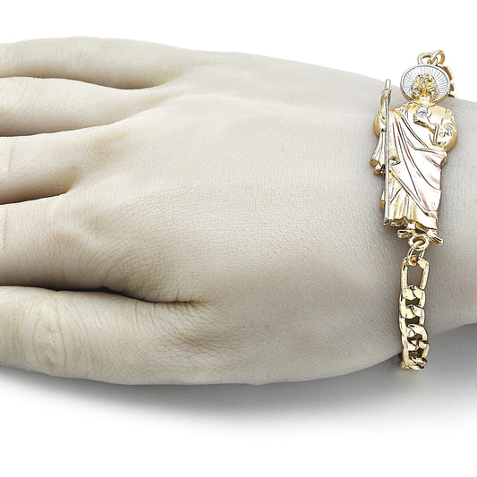 Oro Laminado Fancy Bracelet, Gold Filled Style San Judas and Pave Figaro Design, Polished, Tricolor