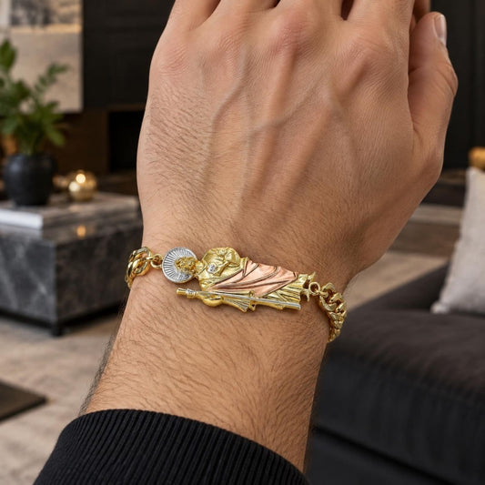 Oro Laminado Fancy Bracelet, Gold Filled Style San Judas and Pave Figaro Design, Polished, Tricolor