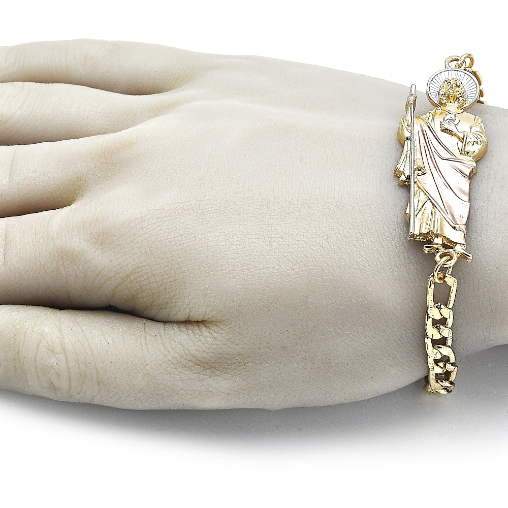 Oro Laminado Fancy Bracelet, Gold Filled Style San Judas and Pave Figaro Design, Polished, Tricolor