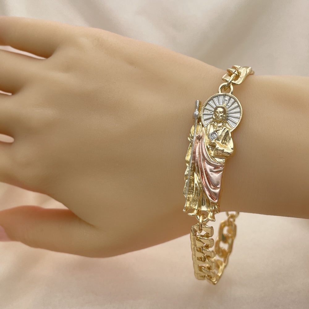 Oro Laminado Fancy Bracelet, Gold Filled Style San Judas and Pave Figaro Design, Polished, Tricolor