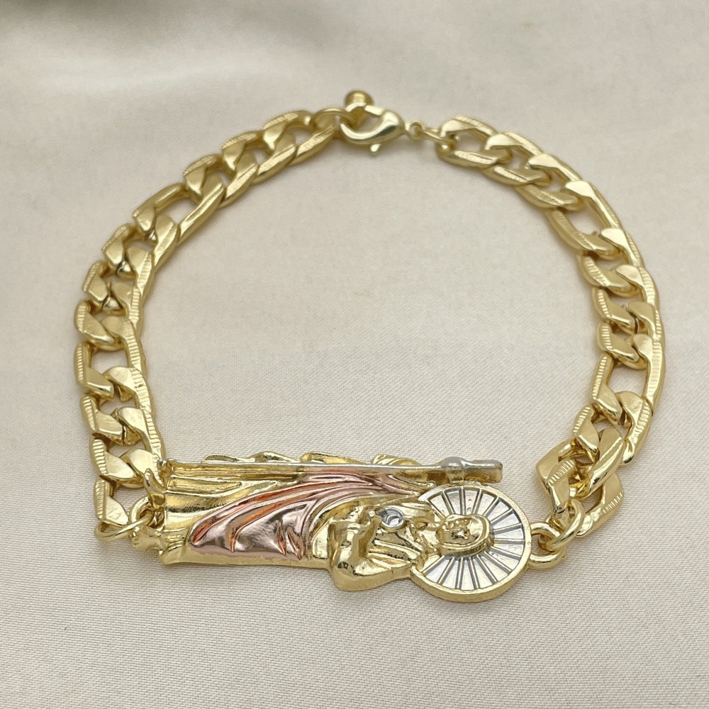 Oro Laminado Fancy Bracelet, Gold Filled Style San Judas and Pave Figaro Design, Polished, Tricolor
