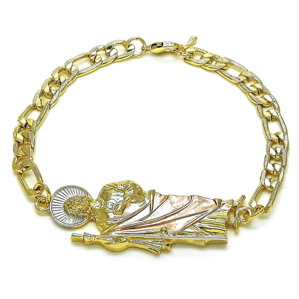 Oro Laminado Fancy Bracelet, Gold Filled Style San Judas and Pave Figaro Design, Polished, Tricolor