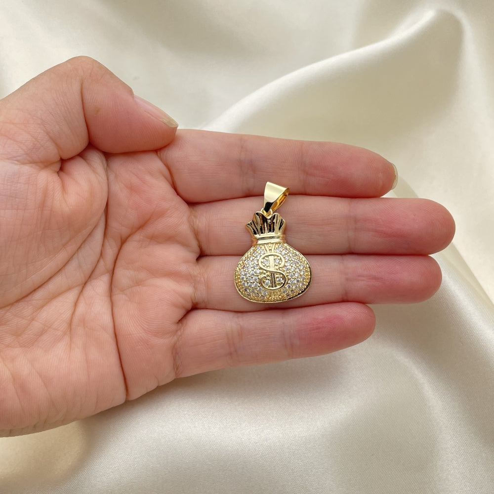 Oro Laminado Fancy Pendant, Gold Filled Style Money Sign Design, with White Micro Pave, Polished, Golden Finish