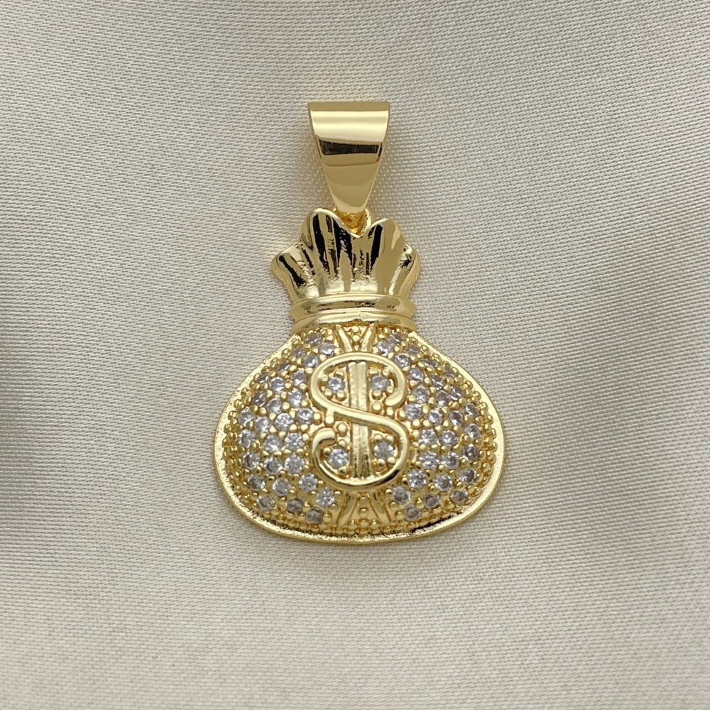 Oro Laminado Fancy Pendant, Gold Filled Style Money Sign Design, with White Micro Pave, Polished, Golden Finish