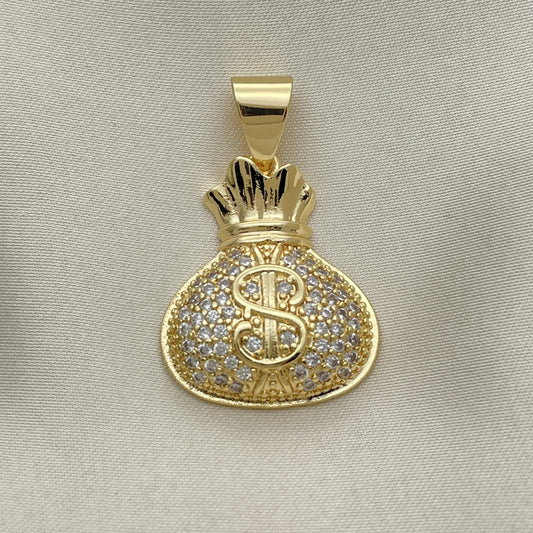 Oro Laminado Fancy Pendant, Gold Filled Style Money Sign Design, with White Micro Pave, Polished, Golden Finish