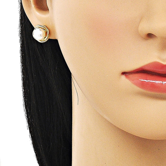 Oro Laminado Stud Earring, Gold Filled Style Infinite and Love Knot Design, with Ivory Pearl, Polished, Golden Finish