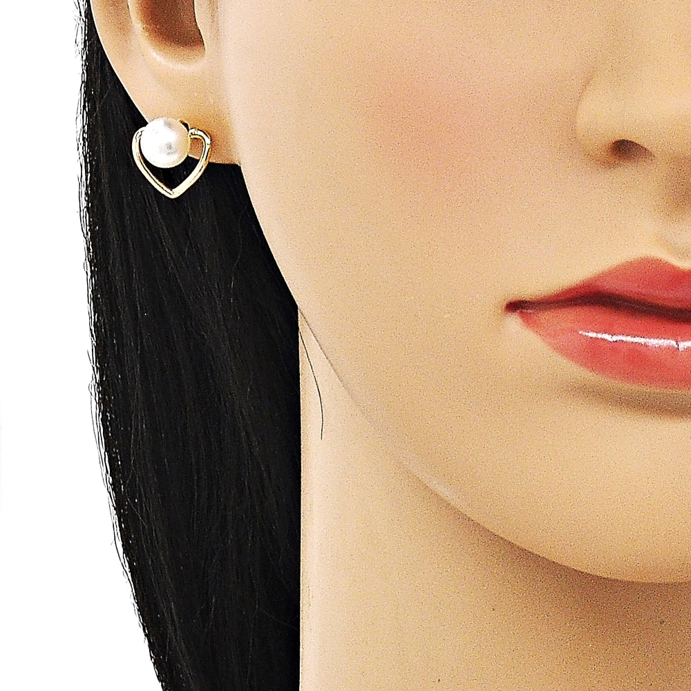 Oro Laminado Stud Earring, Gold Filled Style Heart Design, with Ivory Pearl, Polished, Golden Finish