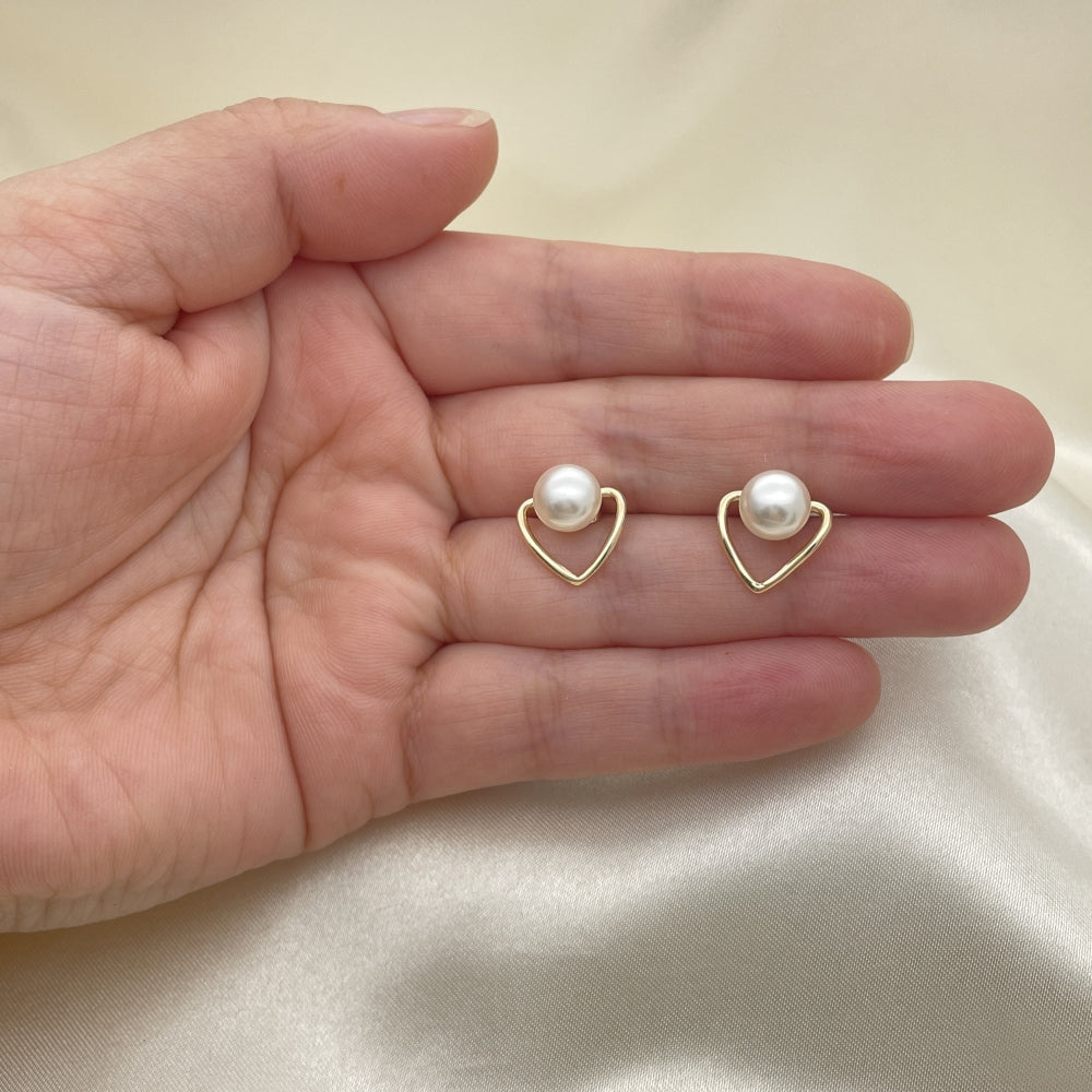 Oro Laminado Stud Earring, Gold Filled Style Heart Design, with Ivory Pearl, Polished, Golden Finish