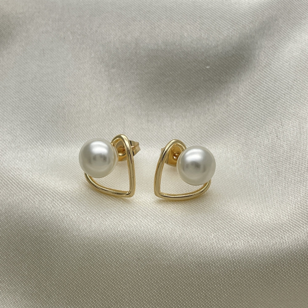 Oro Laminado Stud Earring, Gold Filled Style Heart Design, with Ivory Pearl, Polished, Golden Finish