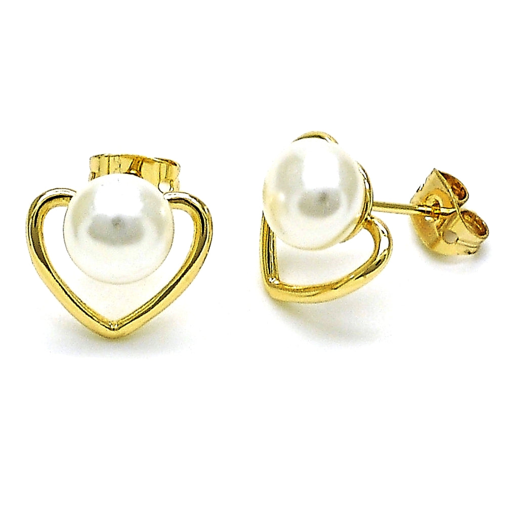 Oro Laminado Stud Earring, Gold Filled Style Heart Design, with Ivory Pearl, Polished, Golden Finish