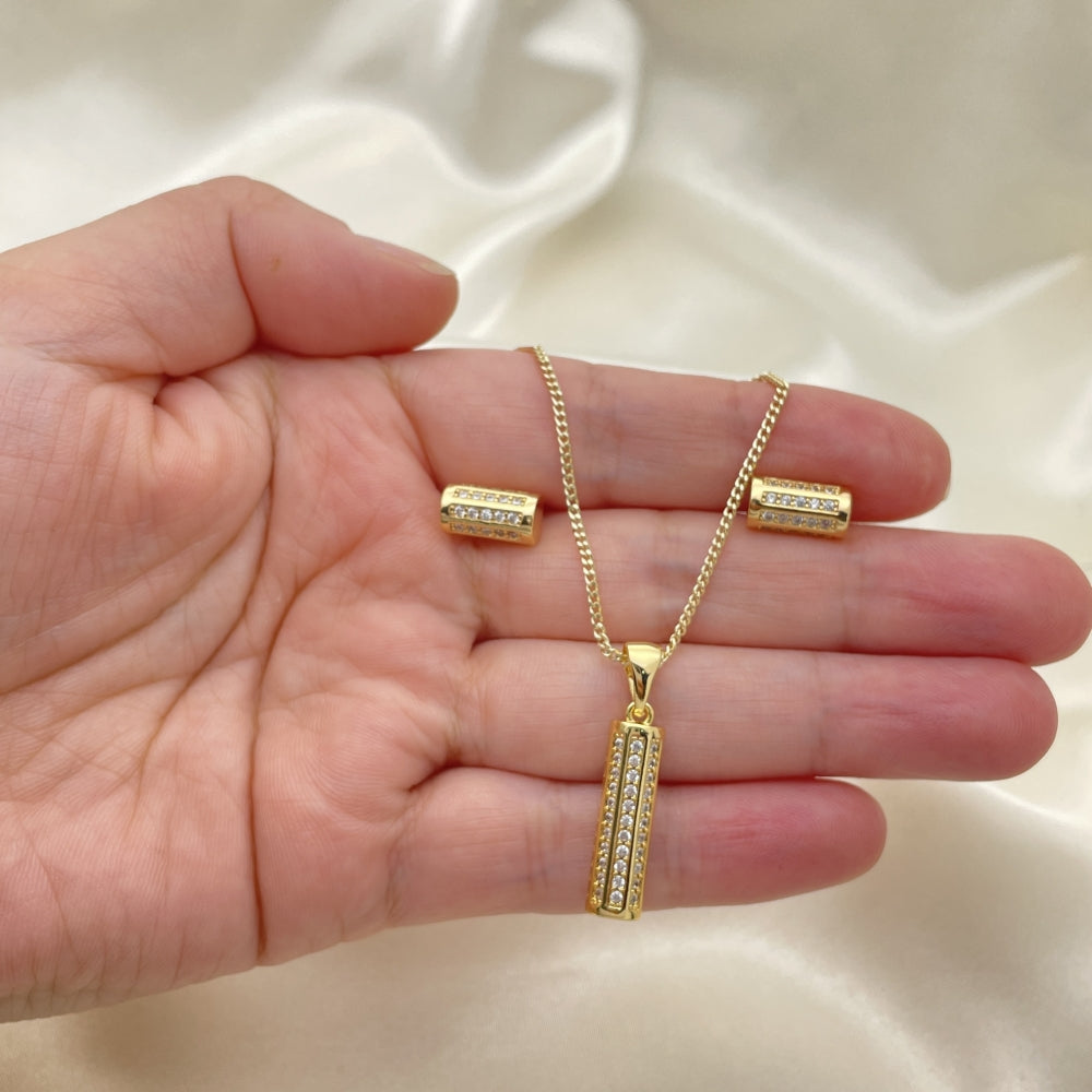 Oro Laminado Earring and Pendant Adult Set, Gold Filled Style with White Micro Pave, Polished, Golden Finish