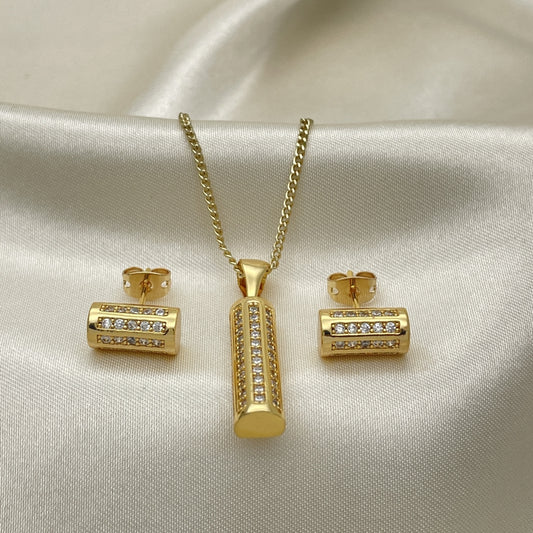 Oro Laminado Earring and Pendant Adult Set, Gold Filled Style with White Micro Pave, Polished, Golden Finish