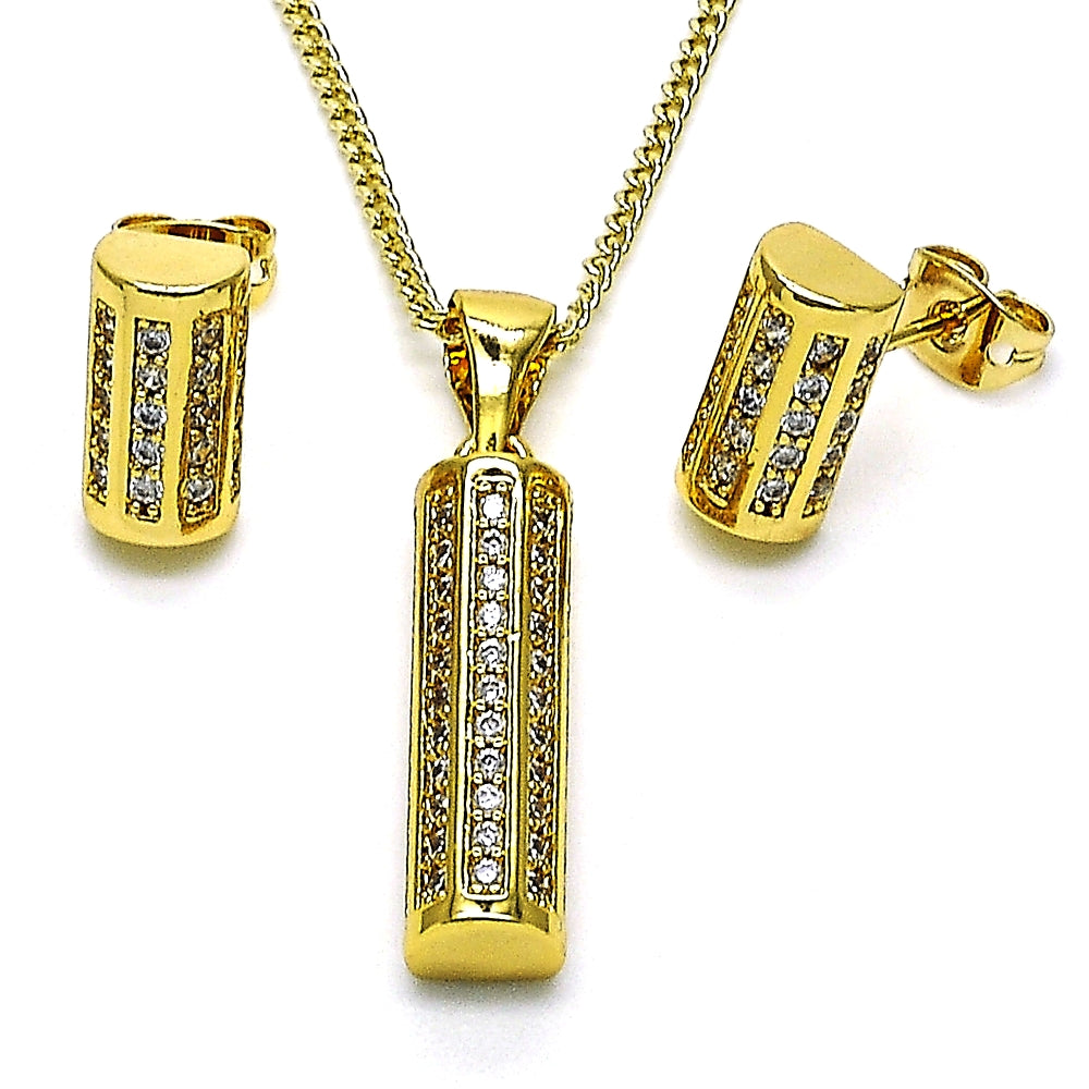 Oro Laminado Earring and Pendant Adult Set, Gold Filled Style with White Micro Pave, Polished, Golden Finish
