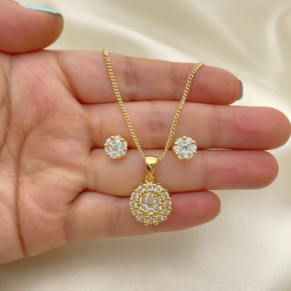 Oro Laminado Earring and Pendant Adult Set, Gold Filled Style Sun and Flower Design, with White Cubic Zirconia, Polished, Golden Finish