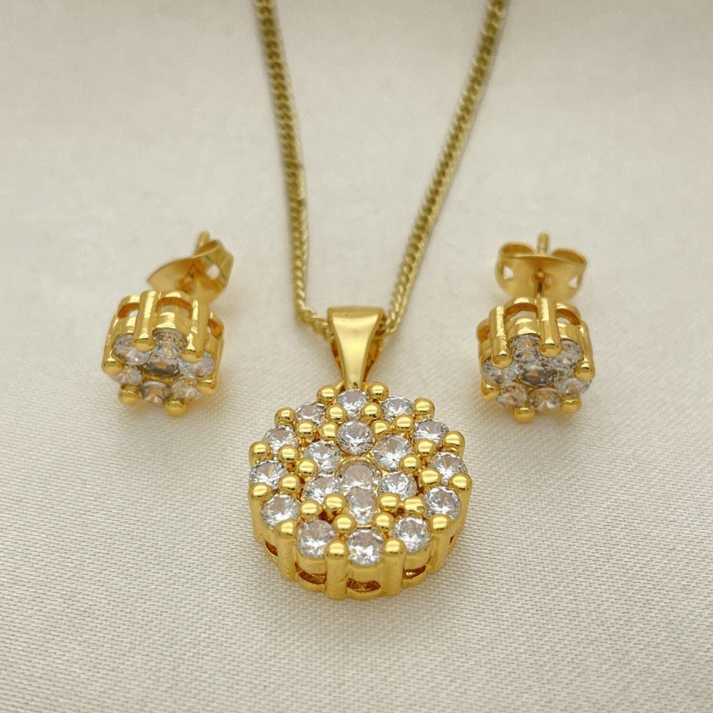 Oro Laminado Earring and Pendant Adult Set, Gold Filled Style Sun and Flower Design, with White Cubic Zirconia, Polished, Golden Finish
