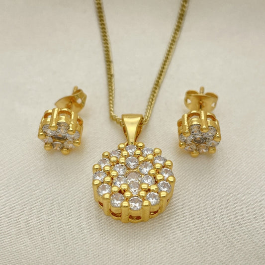 Oro Laminado Earring and Pendant Adult Set, Gold Filled Style Sun and Flower Design, with White Cubic Zirconia, Polished, Golden Finish