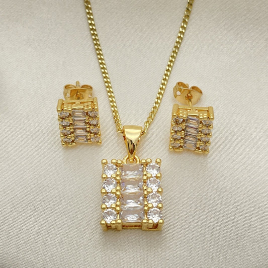 Oro Laminado Earring and Pendant Adult Set, Gold Filled Style Baguette and Cluster Design, Polished, Golden Finish